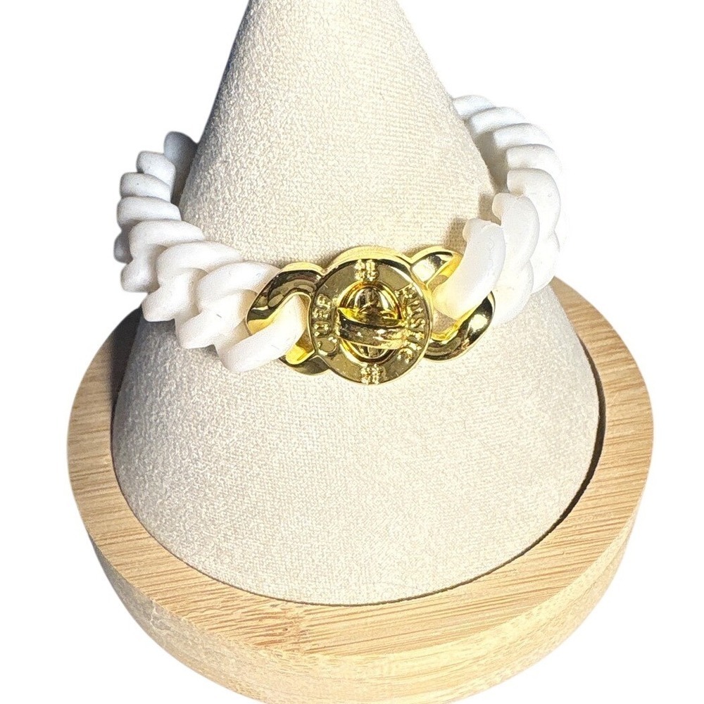 Rustic Cuff White Chunky Link Rubber Bracelet Gold Tone Clasp Women New